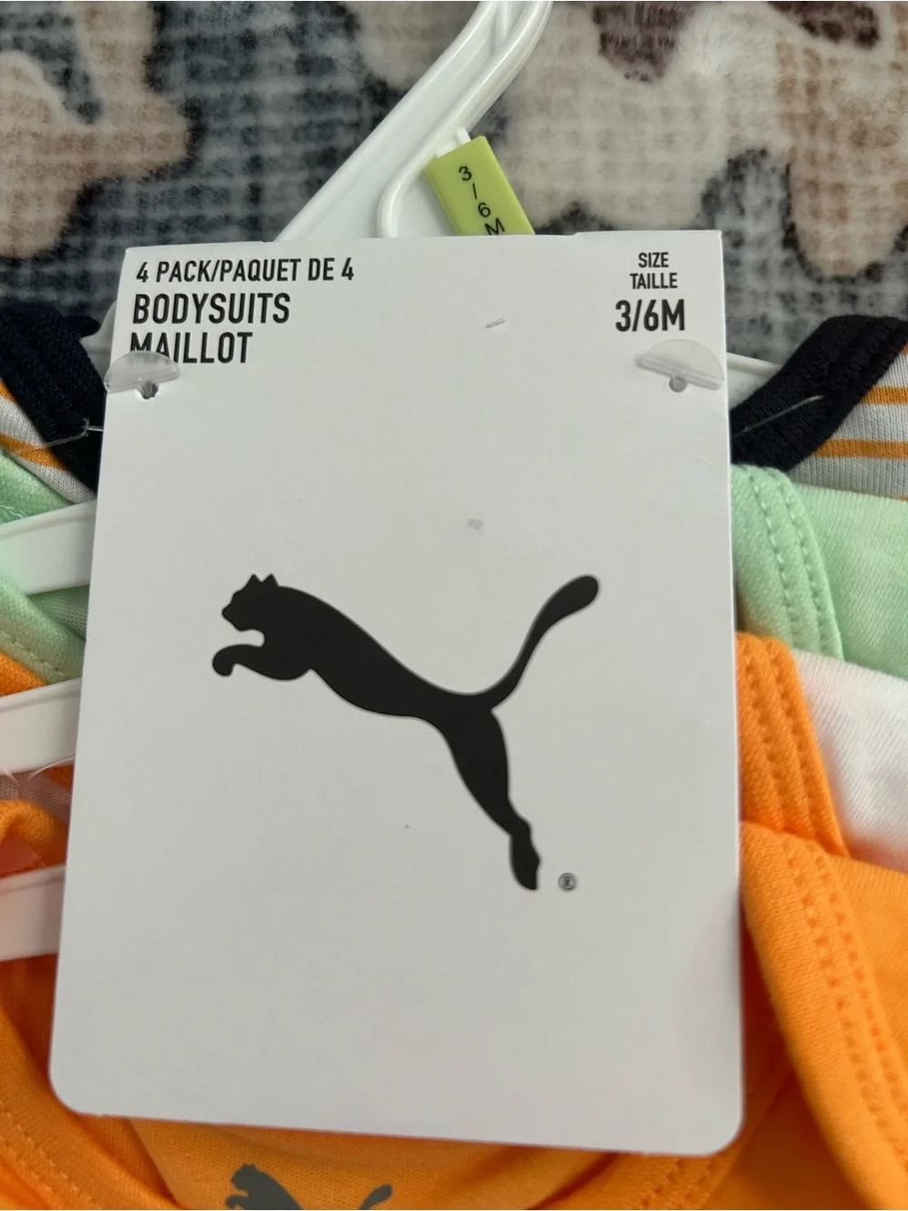 ✅ Puma Baby 4-Pack Bodysuits 3-6M NWT Orange Mint Stripe All-Over Print Logo - Picture 8 of 9